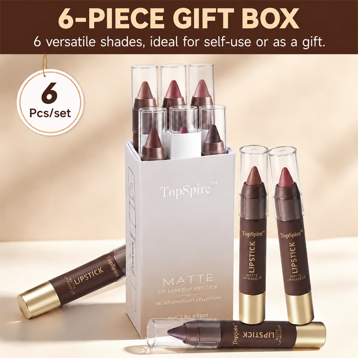 TopSpire™ 6PCS/Set Luxury Matte Lipstick – Soft Velvet Finish & All-Day Color