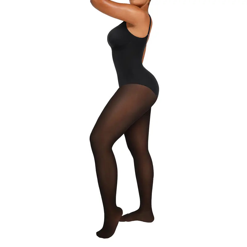 Sheer-Panel with Fleece Lined Tights Stay-Warm Tummy Control Sheer Effect Tights Bodysuit Black Basic