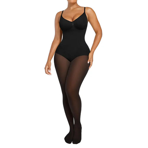 Sheer-Panel with Fleece Lined Tights Stay-Warm Tummy Control Sheer Effect Tights Bodysuit Black Basic