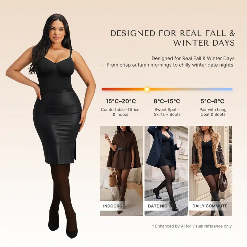 Sheer-Panel with Fleece Lined Tights Stay-Warm Tummy Control Sheer Effect Tights Bodysuit Black Basic