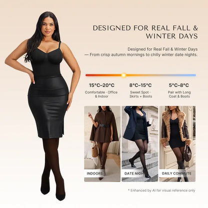 Sheer-Panel with Fleece Lined Tights Stay-Warm Tummy Control Sheer Effect Tights Bodysuit Black Basic