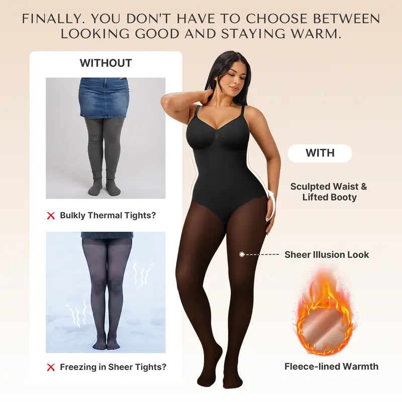Sheer-Panel with Fleece Lined Tights Stay-Warm Tummy Control Sheer Effect Tights Bodysuit Black Basic