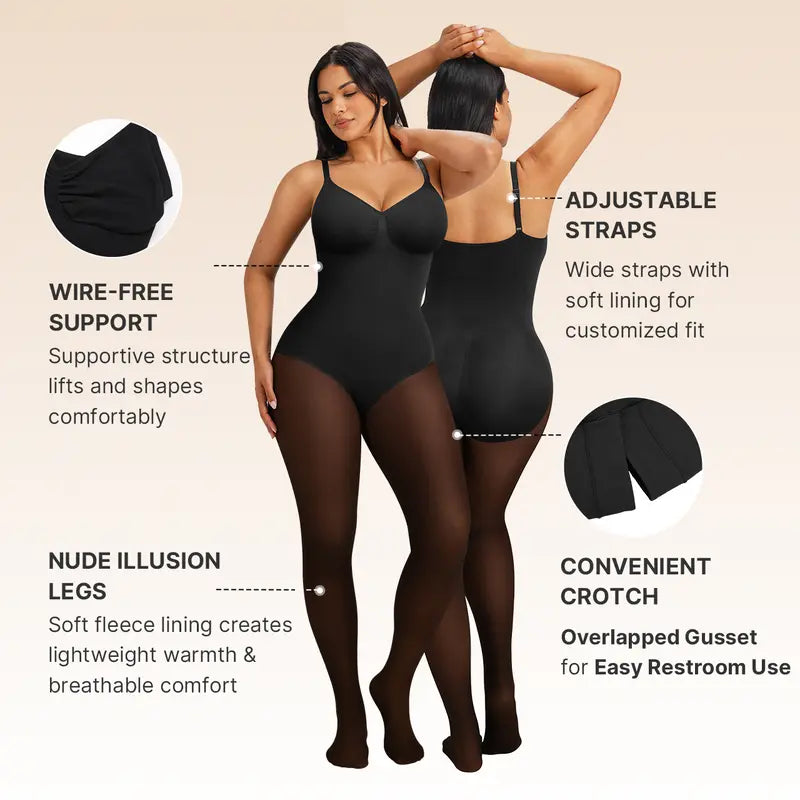 Sheer-Panel with Fleece Lined Tights Stay-Warm Tummy Control Sheer Effect Tights Bodysuit Black Basic