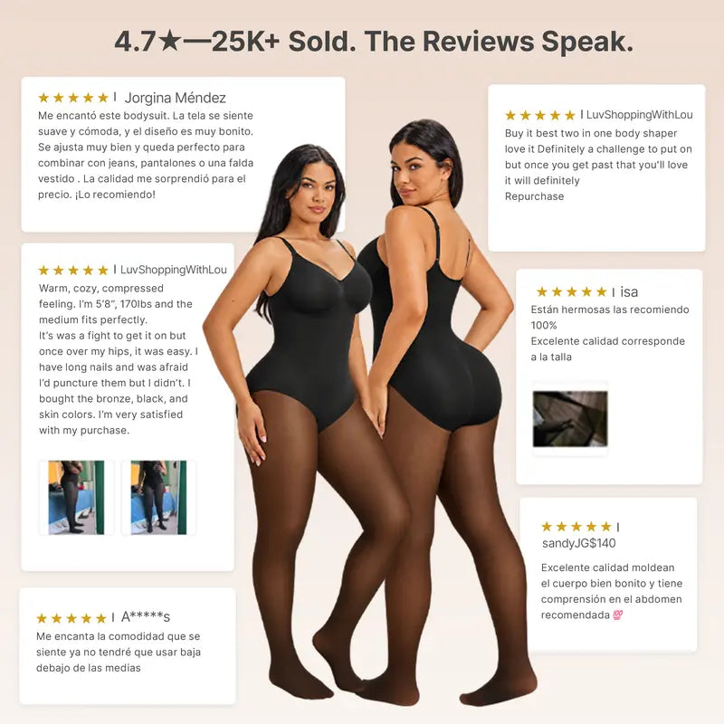 Sheer-Panel with Fleece Lined Tights Stay-Warm Tummy Control Sheer Effect Tights Bodysuit Black Basic