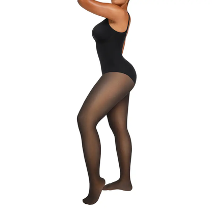 Sheer-Panel with Fleece Lined Tights Stay-Warm Tummy Control Sheer Effect Tights Bodysuit Black Basic